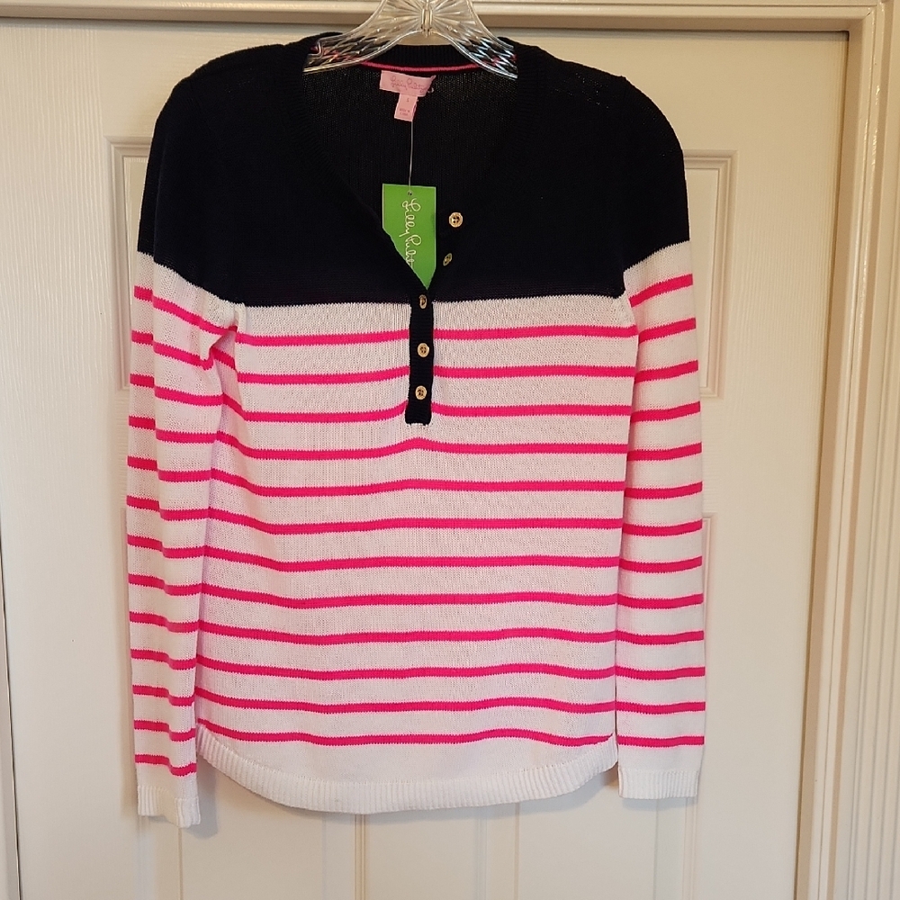 NWT Lilly Pulitzer True Navy and Pink Striped Adair Sweater